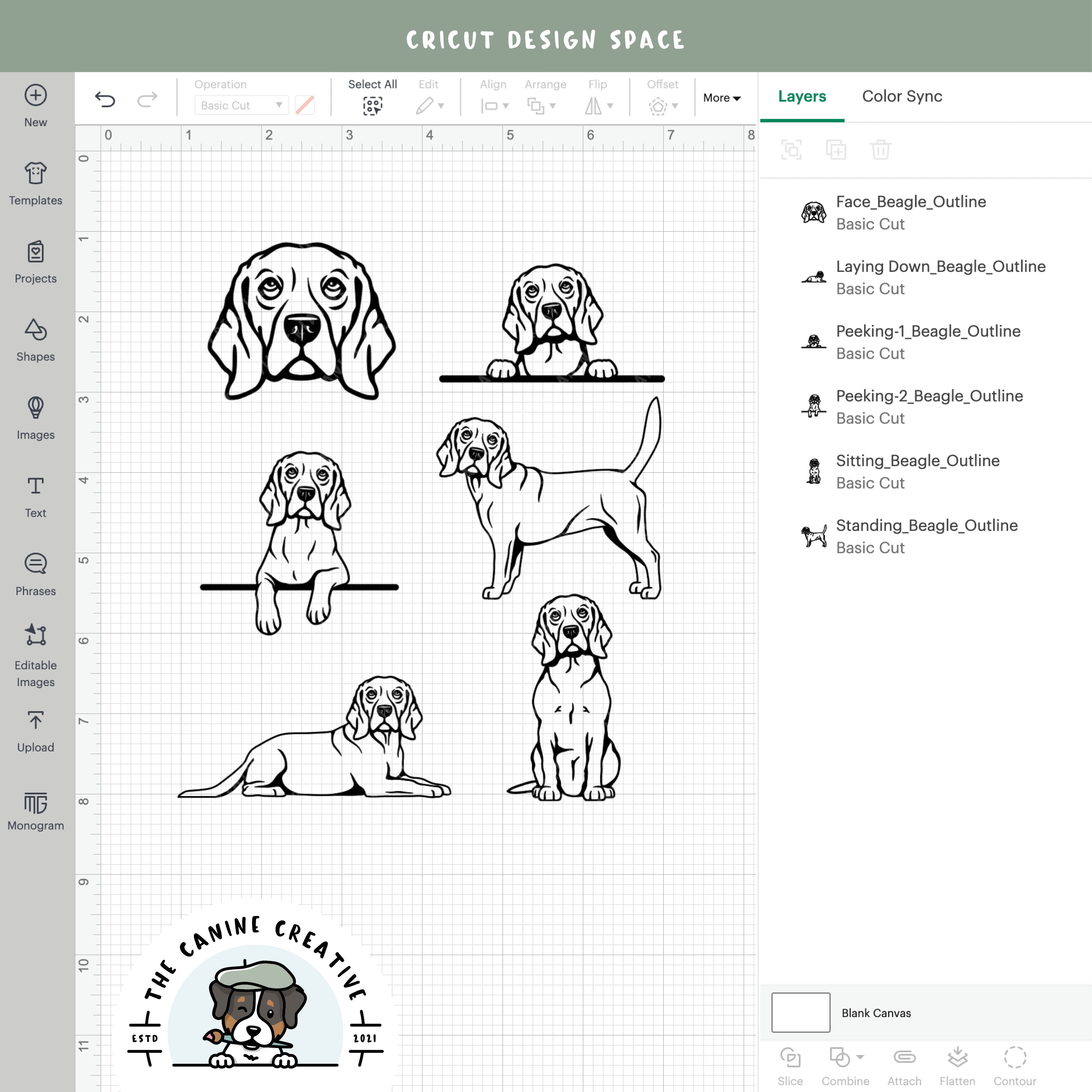 Screenshot showing outline variations of designs inside Cricut Design Space.